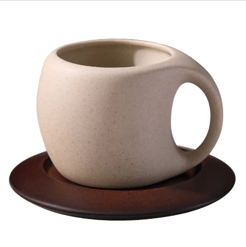 Wholesale Vintage Light Luxury Ceramic Mug with Wood Saucer and Plate