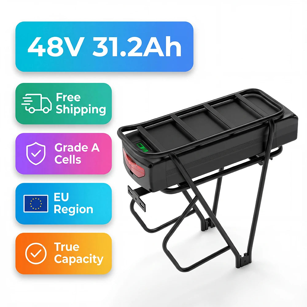 German Warehouse 48V 31.2Ah Lithium Battery for Cargo Ebike LG 5200mAh Cells & 50A BMS XT60 with Rear Carrier Rack