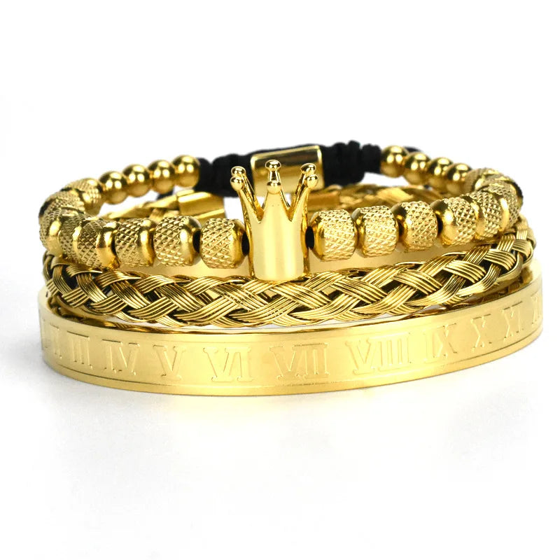 Wholesale Gold Bangle Bracelet Set Copper Crown Stainless Steel Pineapple Bead Roman Braided Bracelets