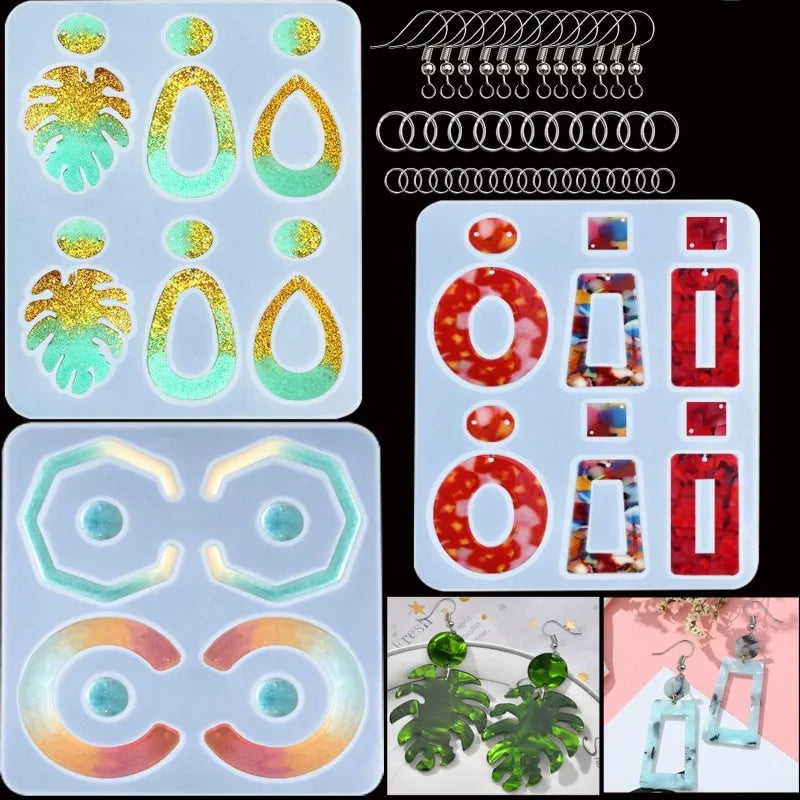 Durable  Easy to Demould 3D Glossy Crystal Epoxy Resin 3pcs Pack Earring Molds Silicone Resin Crafts for DIY Craft Set