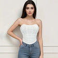 Rhinestones Decoration Women's Vintage Strapless Open Back Boned Bustier Lace up Short Mesh Corset Bodyshaper Tube Crop Top