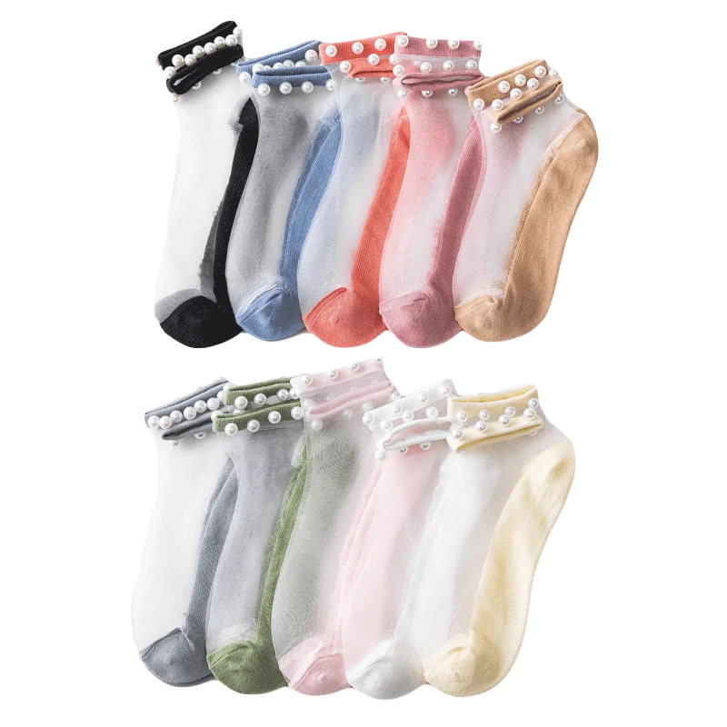 Wholesale Elastic Hot Selling Ankle Custom Design Women Crystal  Sheer Short Pearl Stockings Socks