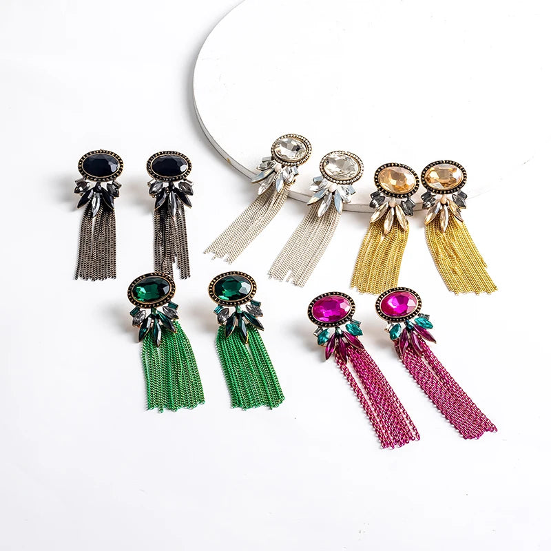 Exaggerated Diamond Gemstone Round Tassel Dangle Earrings Colorful Rhinestone Crystal Geometric Tassel Earrings for Women