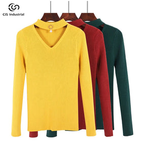 Custom Basic Style Black Women's Pure Cashmere Sweater Long Sleeve V-Neck Beading Slim Pullover Front Back Wholesale Casual