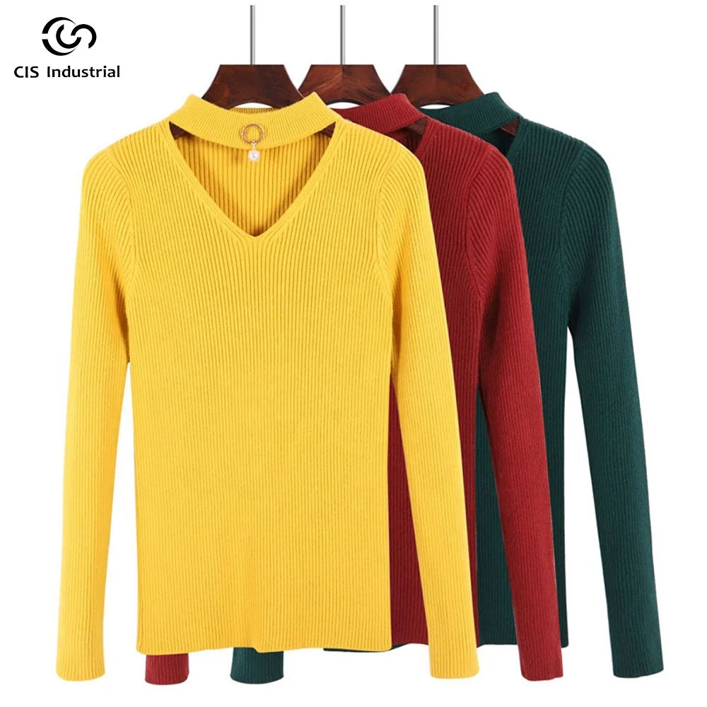Custom Basic Style Black Women's Pure Cashmere Sweater Long Sleeve V-Neck Beading Slim Pullover Front Back Wholesale Casual