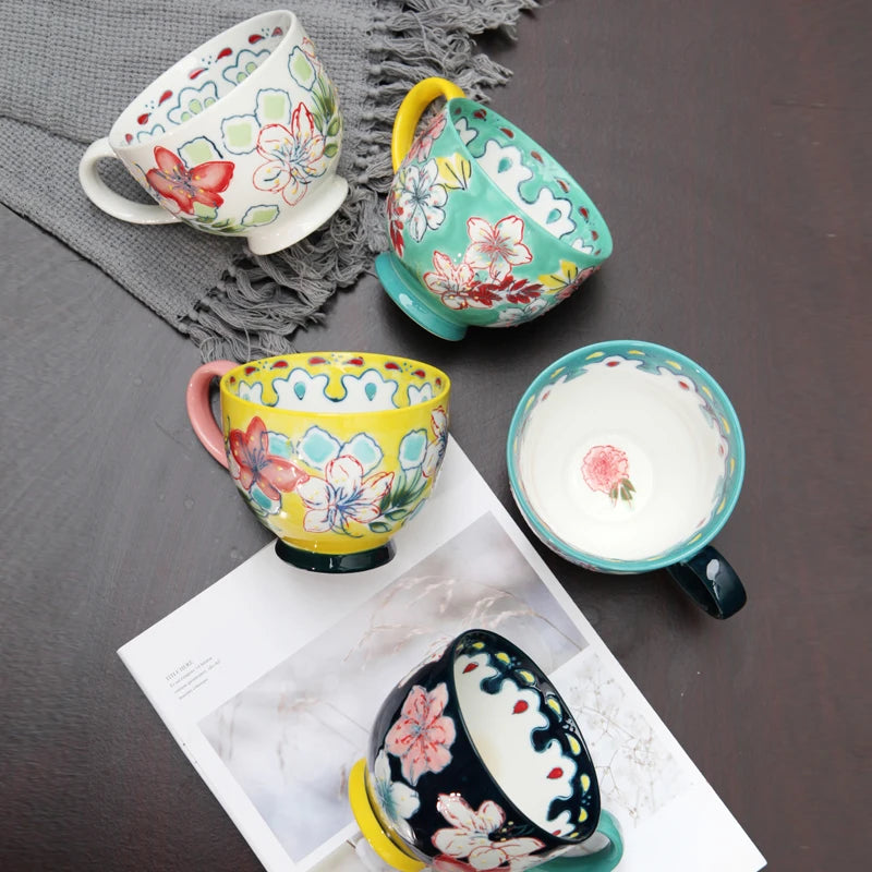 Flower Handmade Relief Patterns Promotion Foot Mug Milk Mugs Ceramic Coffee Cup Color Soup Cup for Restaurant