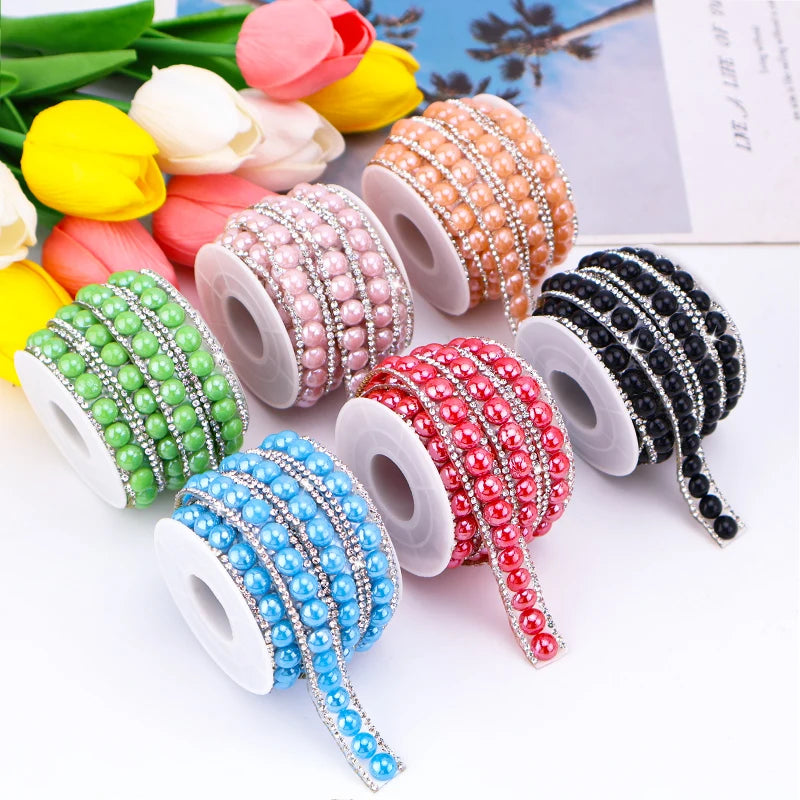 Hotfix Crystal Dense Rhinestone Chain Trim 6mm 8mm Pearl Rhinestone Ribbon Self-Adhesive Garment Tape with Shining Feature
