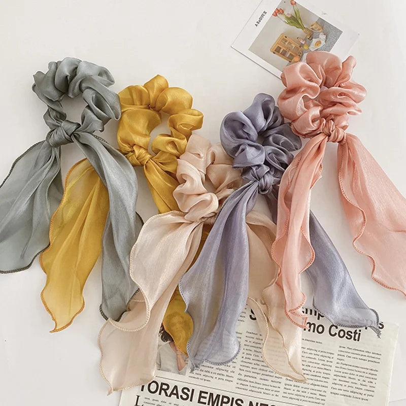 Wholesale Satin Silk Headband Bow Hair Scrunchies Girls Elastic HairBand Ponytail Holder Hair Accessories for Women