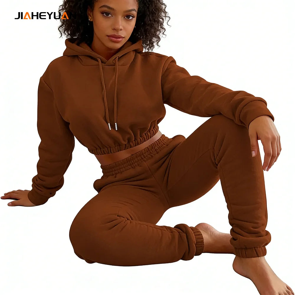 Oversize Custom logo Pullover Crop Hoodie Women Set 2026 Heavy Fleece Sweatshirt and Sweatpants Set for Women