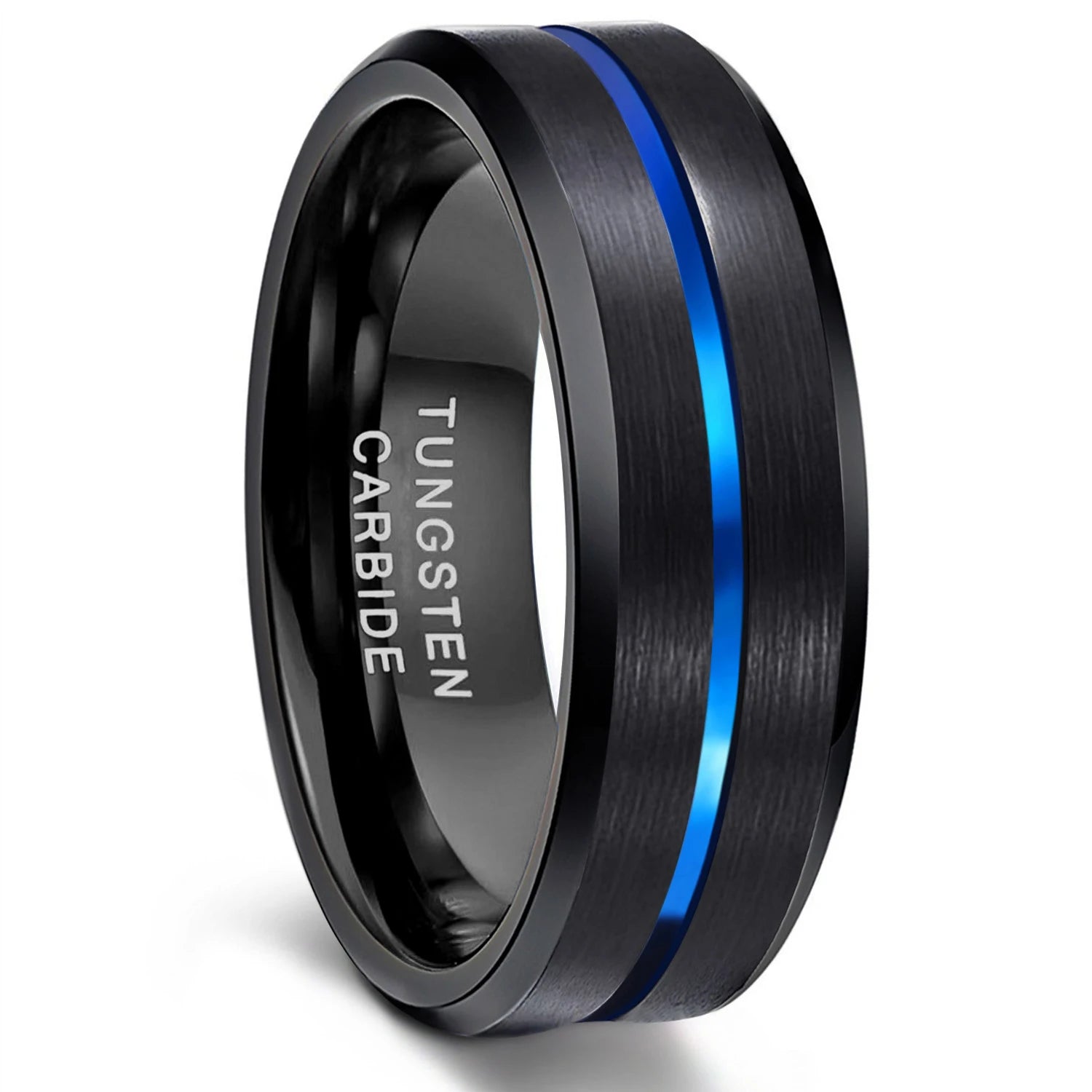OAHLAN 8mm Blue Line Grooved Inlay Personalized Ring Brushed Black Mens Tungsten Carbon Rings for Wedding Men's Fashion Jewelry
