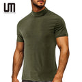Clearance Sales Men Autumn Clothing Turtleneck Short Sleeve T Shirt Tops Solid Pattern Yarn Dyed 180 Grams Fabric Blank