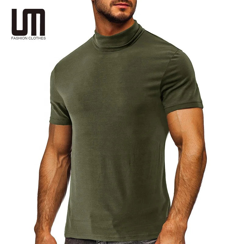 Clearance Sales Men Autumn Clothing Turtleneck Short Sleeve T Shirt Tops Solid Pattern Yarn Dyed 180 Grams Fabric Blank