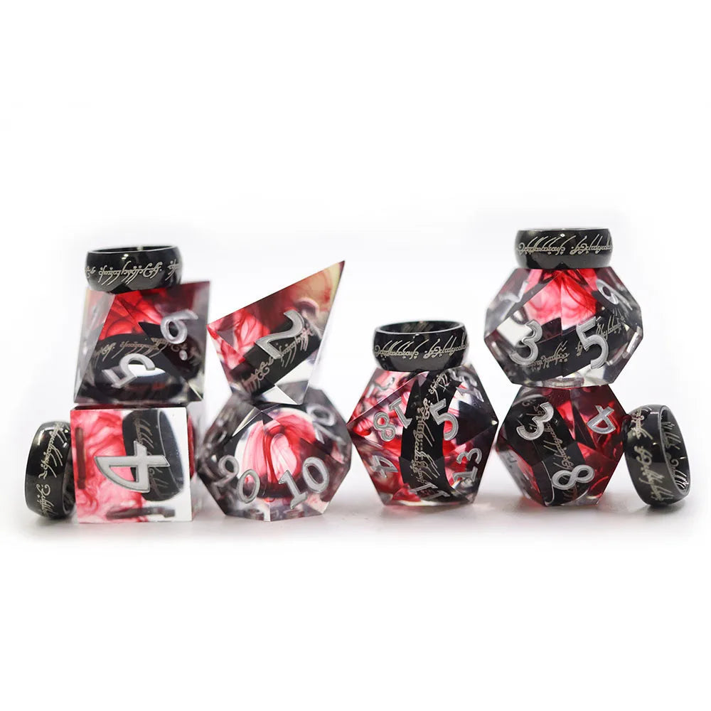 Transparent Sharp Edge Polyhedral Black Lord of the Ring Dice Set 7Pcs DND Game Dice Set With White Numbers