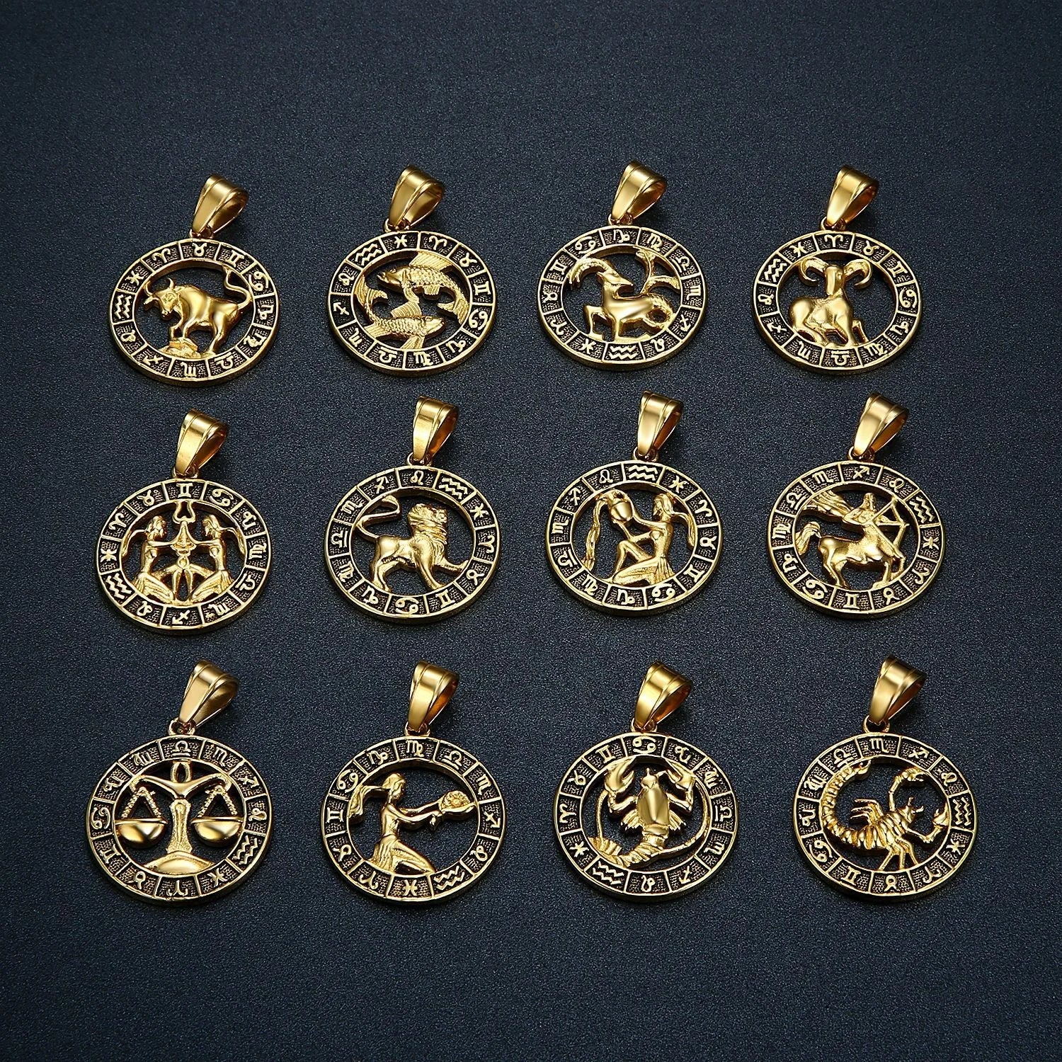 MECYLIFE Vintage Stainless Steel Horoscope Jewelry Pendant Men's 12 Zodiac Pendant