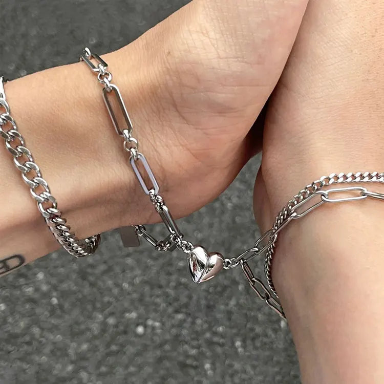 SC Tiktok Double Layer Bracelet Friendship Jewelry Personalized Stainless Steel Magnetic Heart Charm Couple Bracelet Women Men