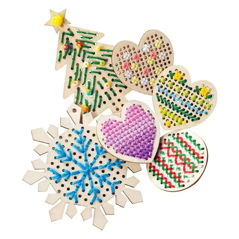Tailai Wooden Cross Stitch & Embroidery Kit for Kids Beginners-Educational DIY Sewing Craft with Ornaments and Key Chains