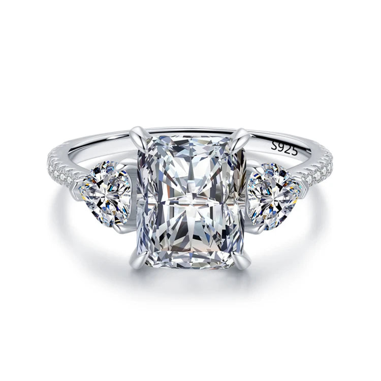 Luxury 925 Sterling Silver Emerald Cut Rectangle Simulation Diamond Ring Women Simple Zircon Stone Band Ring