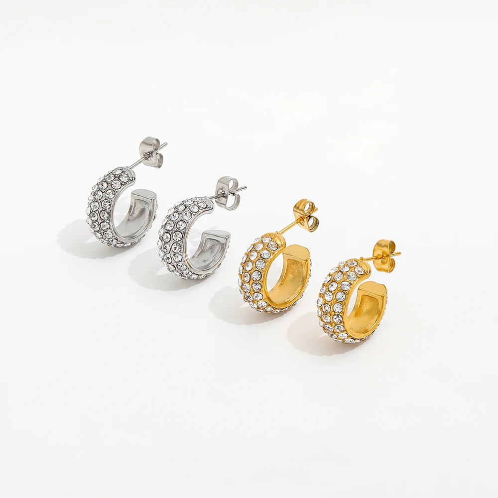 JOOLIM High End Luxury Waterproof 18K  Gold Plated Classic Micro  Stone Cz Pave Fine Stainless Steel Hoop Earring Jewelry Women