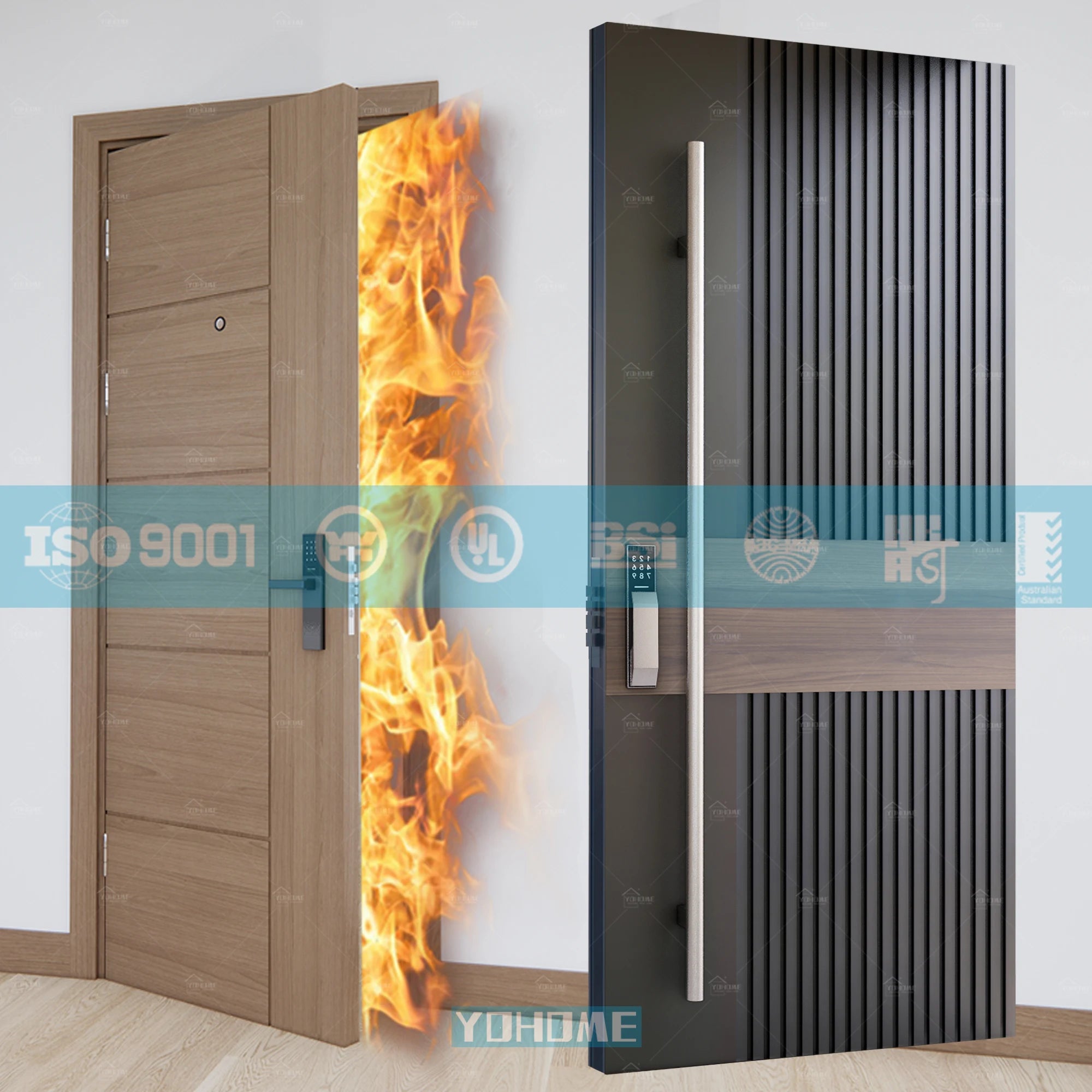 China Top Manufacturer Custom Modern Exterior Door Residential Pivot Front Door Apartment Room Hotel Wood Fire Resistant Door