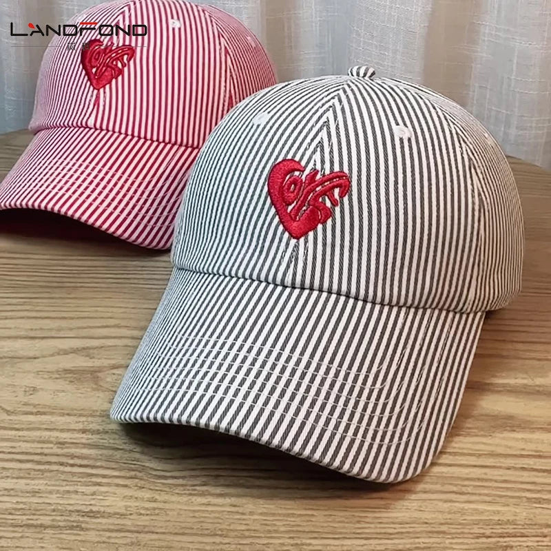 Landfond American Sports Cap Soft Top Baseball Cap Flat Embroidery Striped Cotton Fabric Custom Embroidery