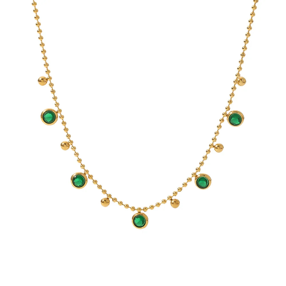 Custom 316l Stainless Steel Circle Emerald Zircon Pendant Gold Plated Necklace Green Natural Stone Tassels Jewelry