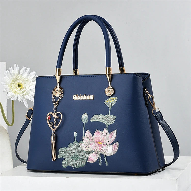 Latest 2024 Blue Color Full Leather Flower New Brand Designers Women Hand Bags with Embroidery