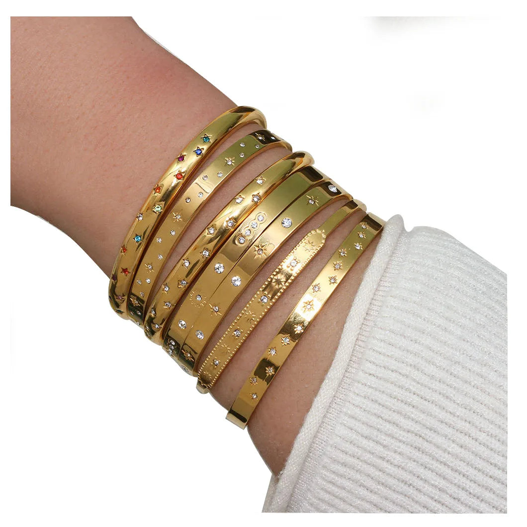 ODM  18k Gold Womens Tarnish Free Yellow Gold Designer Jewelry Personalized Open Cuff Cubic Zircon Diamond Cut Bangle Bracelet