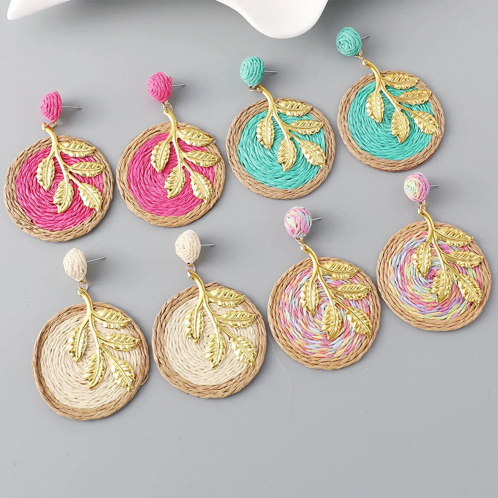 Ethnic Handmade New Raffia Geometric Earrings Women Fashion Raffia Round Dangle Earrings Drop Jewelry for Vacation