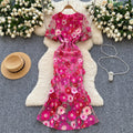 Party Dresses LW1267 Floral Embroidered Round Neck Lantern Sleeve Waist-Defining Mermaid Evening Dress