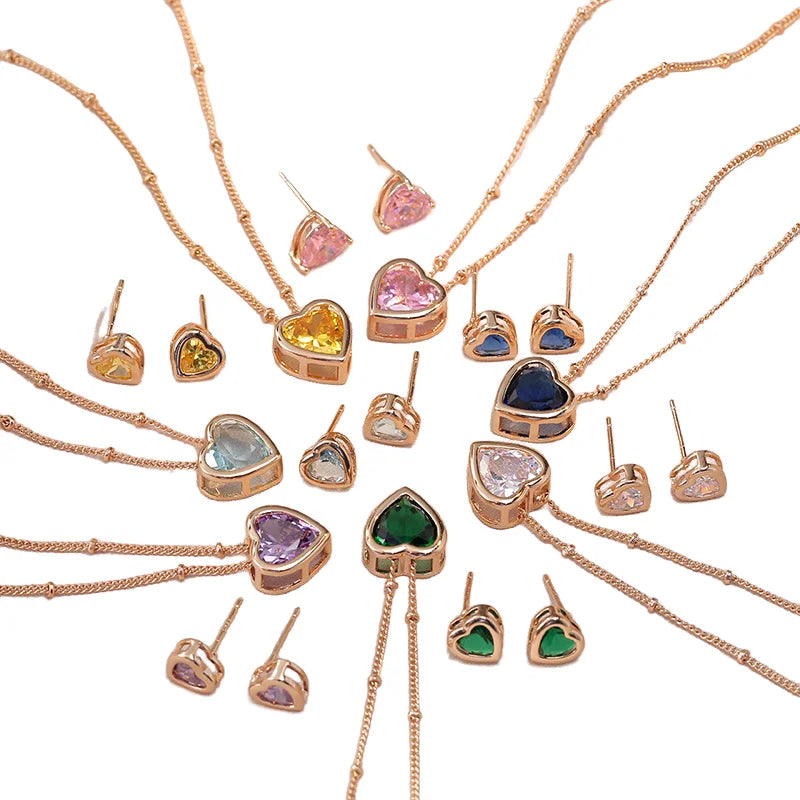 Fashion Luxury New Design Temperament Heart Love Shaped Zircon Pendant Necklace Earrings Jewelry Set for Women