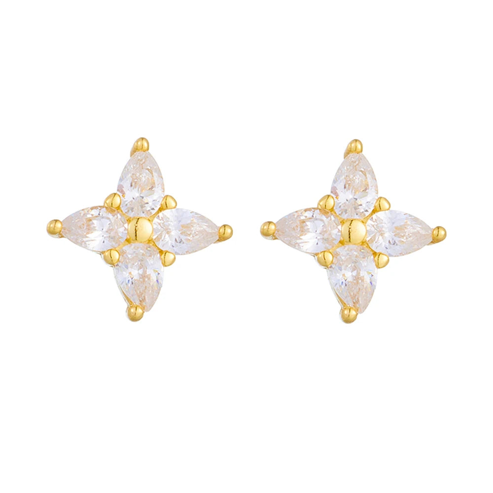 Elegant 14K Gold Plated Mini Flower Stud Earrings Fine Jewelry Cubic Zirconia Four Leaf Clover Trendy Style 925 Silver Earring