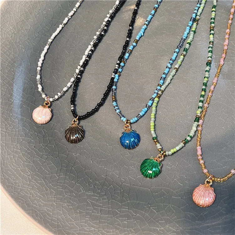 SP Korean Colorful Beaded Necklace Shell Pendant Women Choker Necklace Beads