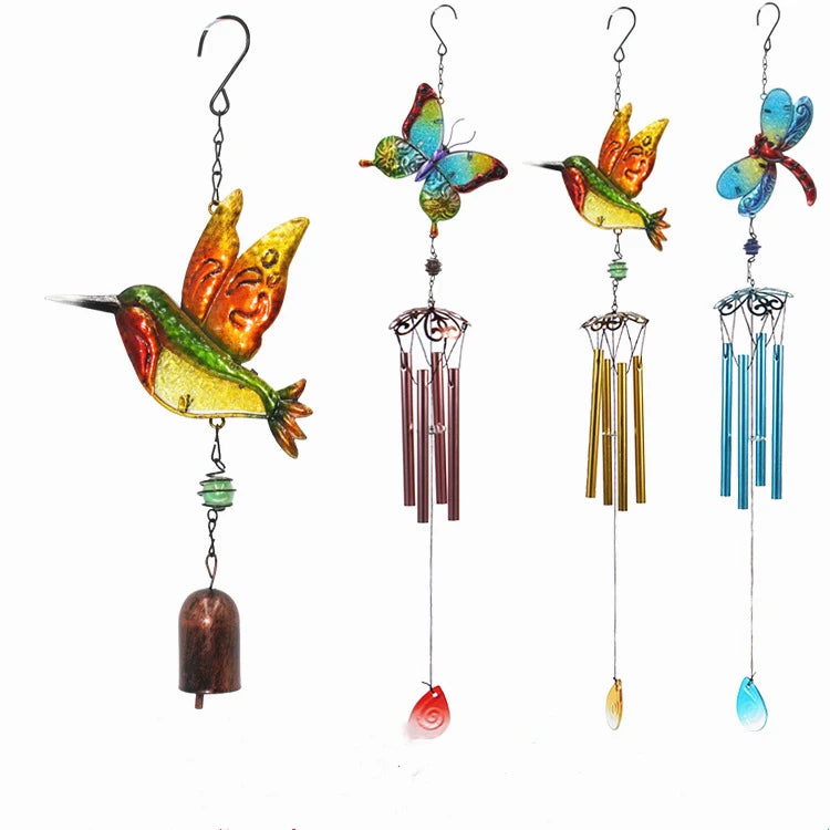 Modern Ironwork Pendants Painted Diamonds Glass Hummingbirds Butterflies Dragonflies-Creative Metal Wind Chimes