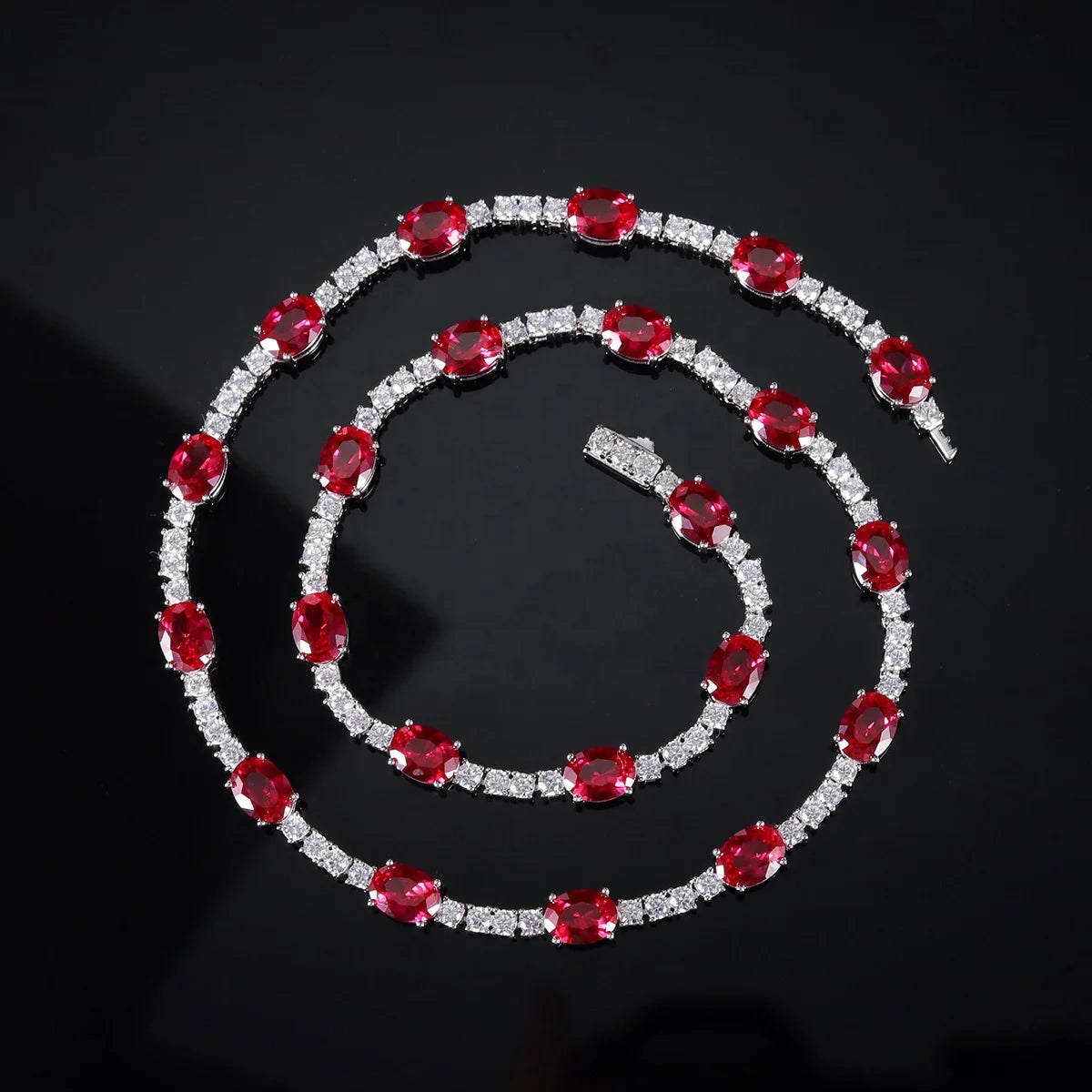 AN064 Abiding Luxury Dainty 100% 925 Silver Oval 4x6MM Lab Created Ruby Lady Necklace with White Cz Tennis Link Chain