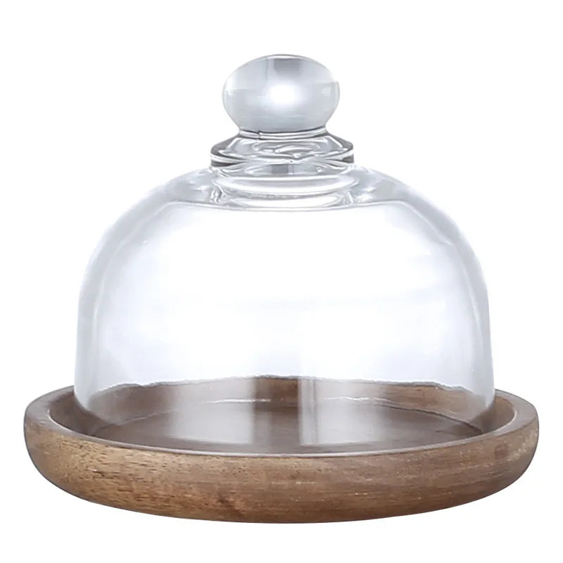 Hot Sale Mini Dessert Display Plate with Glass Lid Japanese Solid Wood Dessert Display Stand Cake Tray