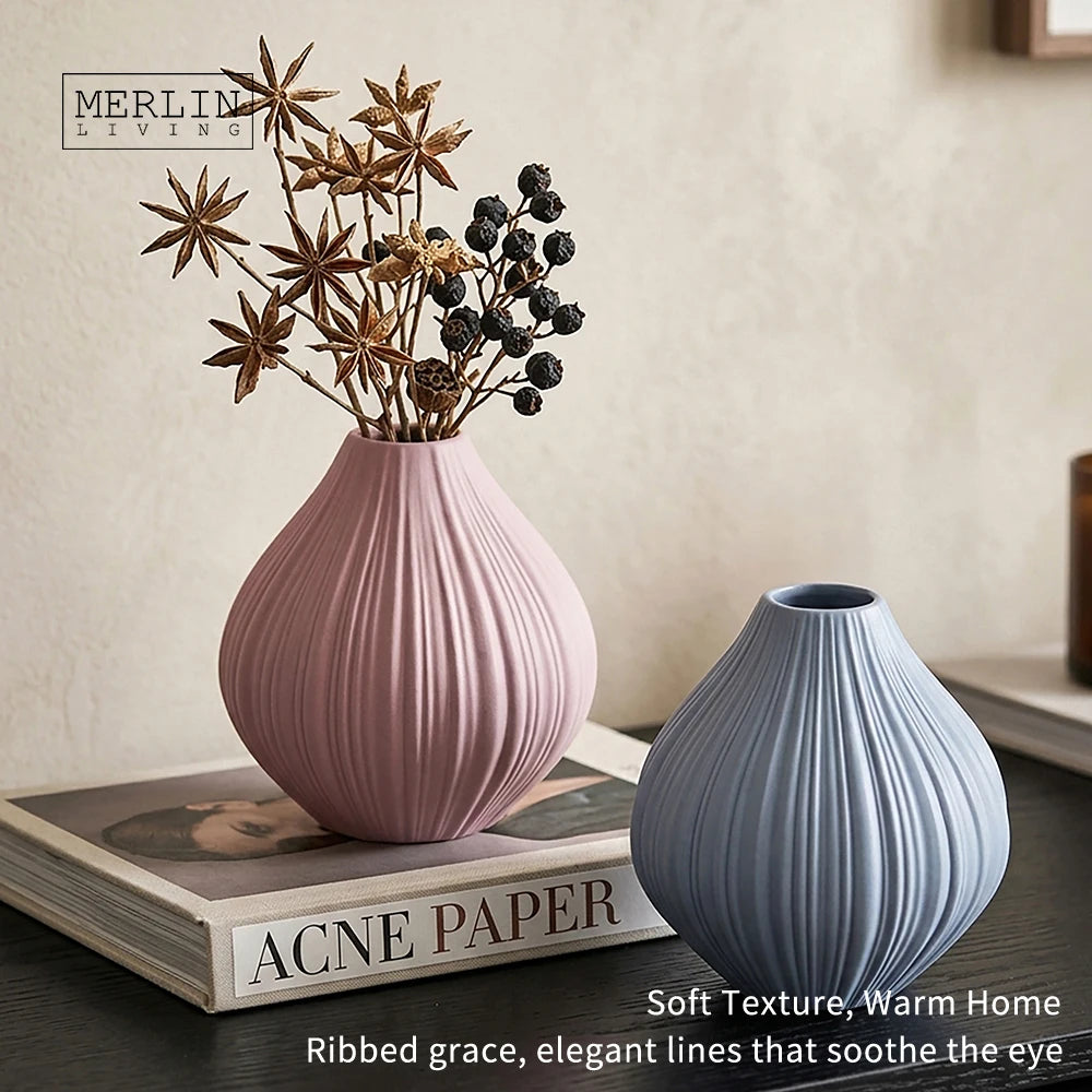 Merlin Living Cheap Nordic Mini Vases Set for Home Decor Small Colorful Ribbed Flower Bud Vase for Ceramic & Porcelain Vase