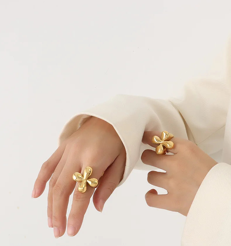 Chunky Wildflower  Exaggerated Jewelry Retro Three-dimensional Stainless Steel  Handmade Flower Ring Women's