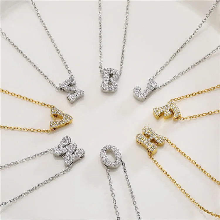 NZ1465 Retro Iced Out Gold Plated CZ Paved Bubble Alphabet Letter Charm Pendant Necklaces Initial Charm Chain Necklace for Women
