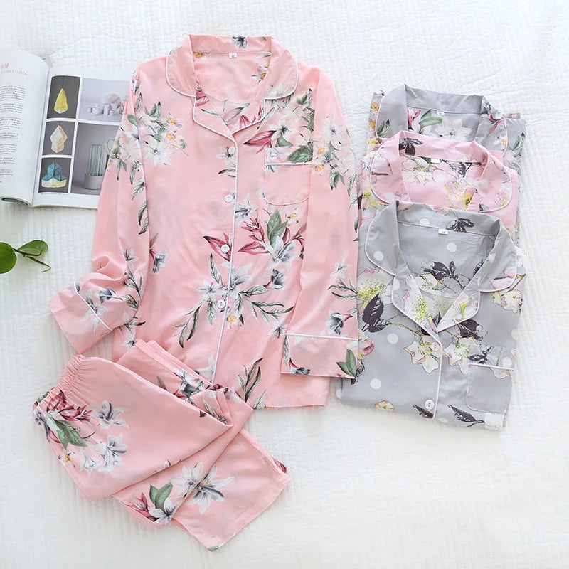 Summer Fresh Floral Pajamas Sets Women Sleepwear Cozy 100% Viscose Long Sleeve Quality Pyjamas Women Homewear Hot Sale