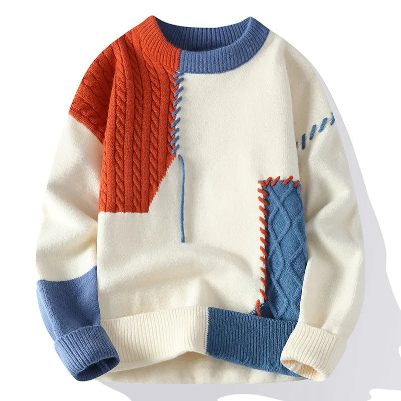 Autumn Winter Warm Mens Sweaters Custom Block Color Streetwear Pullover Casual Fashion Pullovers Clothing