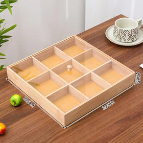 9 Divided Sections Open Top Decorative Holder Bamboo Pantry Storage Organizer Box with Lid for Tea Bags Snack Packets