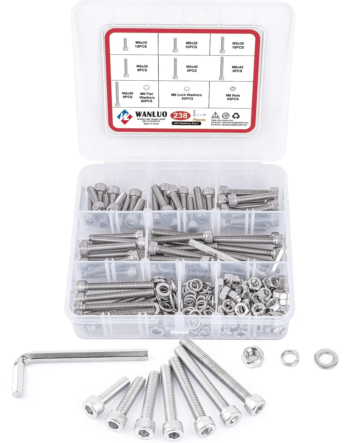 238 Piece 304 Stainless Steel Screw Bolt Nut Washer Set Allen Hexagon Hex Socket Cap Button Flat Head Plain Assortment Kit