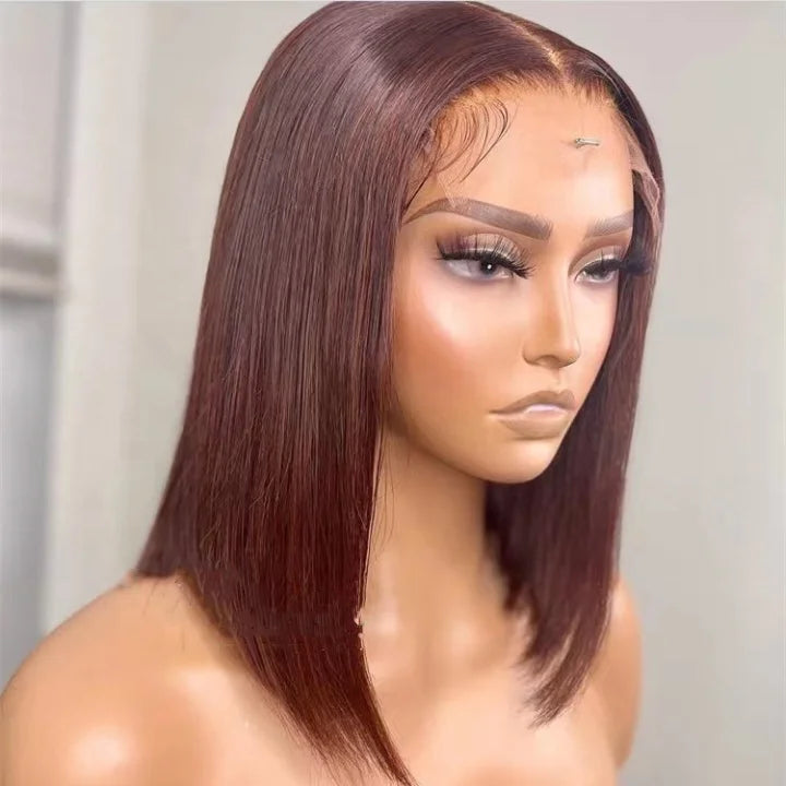 Pre Plucked Glueless Brown Short Bob Cut Human Hair 13*4 Frontal Wig With HD Lace