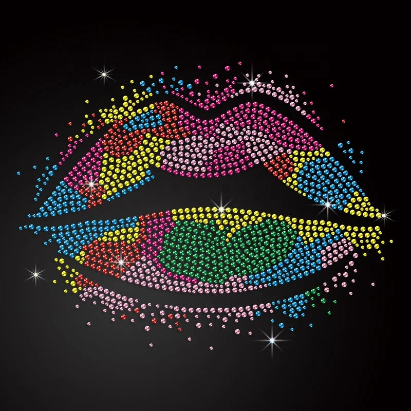 Custom Design Colorful Lips Bling Iron on Decals Transfer Rhinestone Heat Transfers for T-Shirts