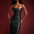 Liu Ming Popular Fashion Sexy Sleeveless Backless Black Faux Leather Slim Fit Midi Dress for Women