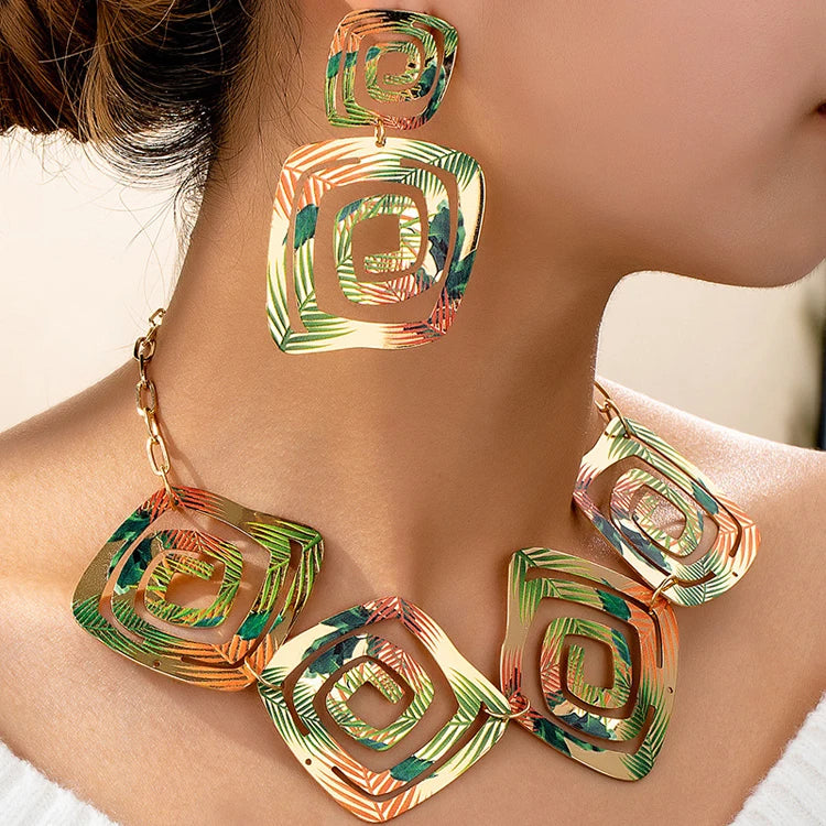 Exaggerated Ethnic Style Color Printing Geometric Earrings Ladies Retro Alloy Irregular Necklace Earrings Set Wholesale
