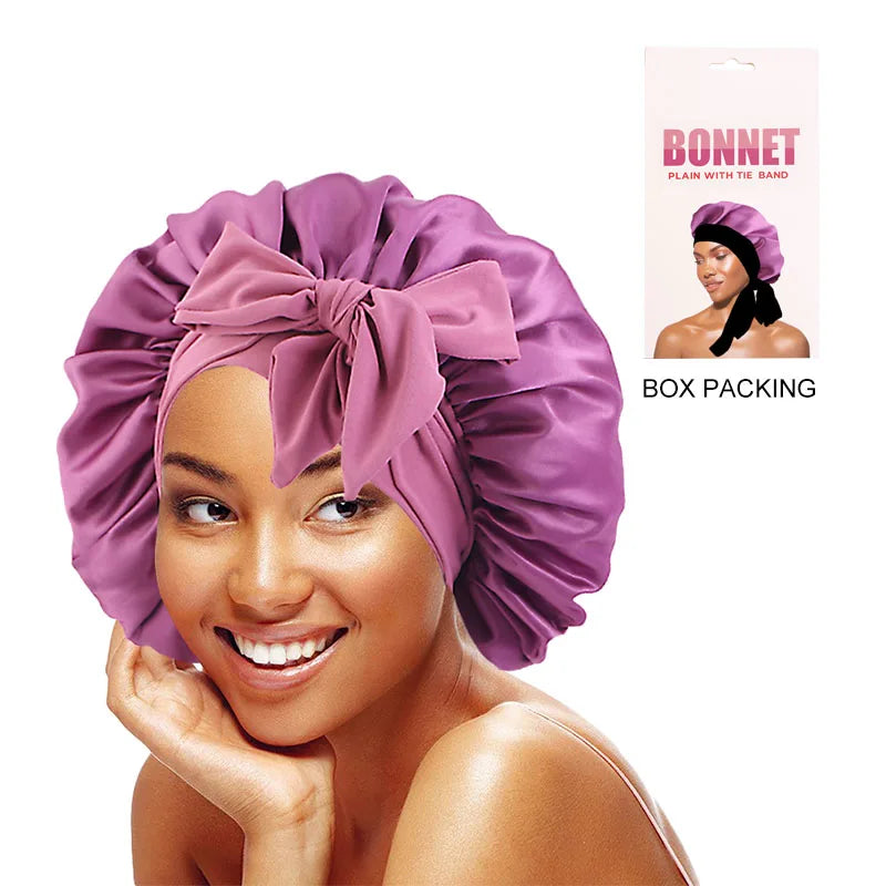 Wholesale Custom Logo Hair Accessories Bonnet Solid Color Sleep Cap Bonnets Elastic Wide Band Satin With Straps for Women