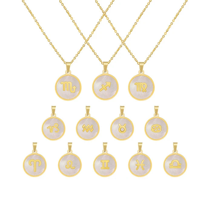 Fashion Women Jewelry 12 Horoscope Minimalist Tiny Style 18k Gold Plated Wholesale Stainless Steel Zodiac Necklace with Shell