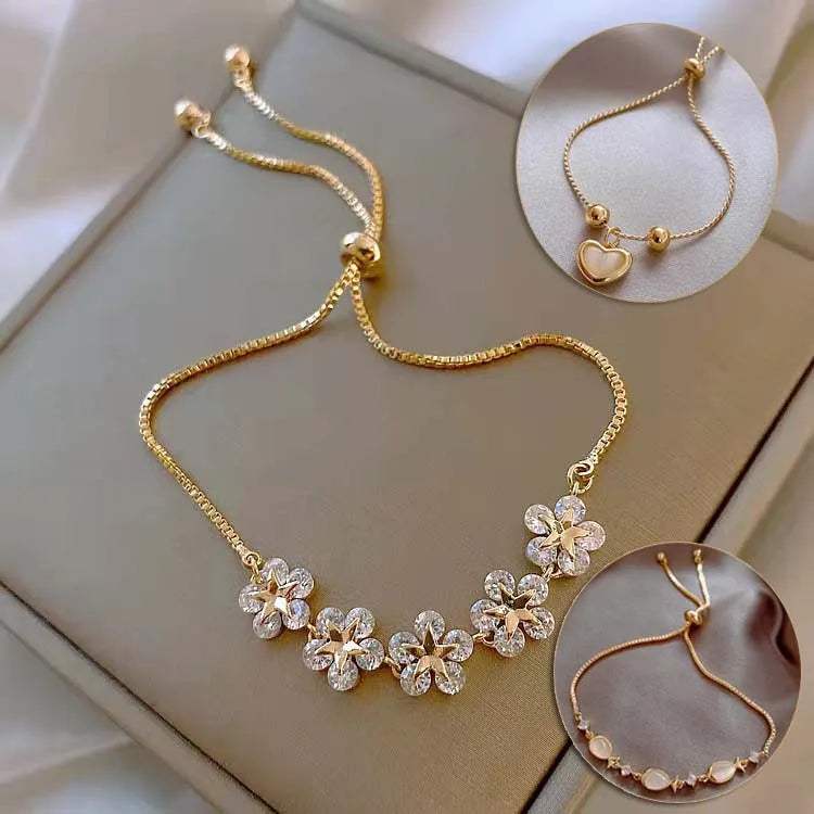 Wholesale Cheap Female Gold Plated White Opal Fish Love Heart Slide Adjustable Bracelet Crystal Flower Bracelet