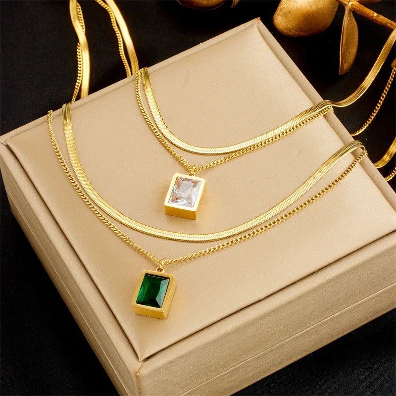 Nabest Stainless Steel Emerald Necklace Women Jewelry Waterproof Gold Plated Zircon Double Layers Clavicle Choker
